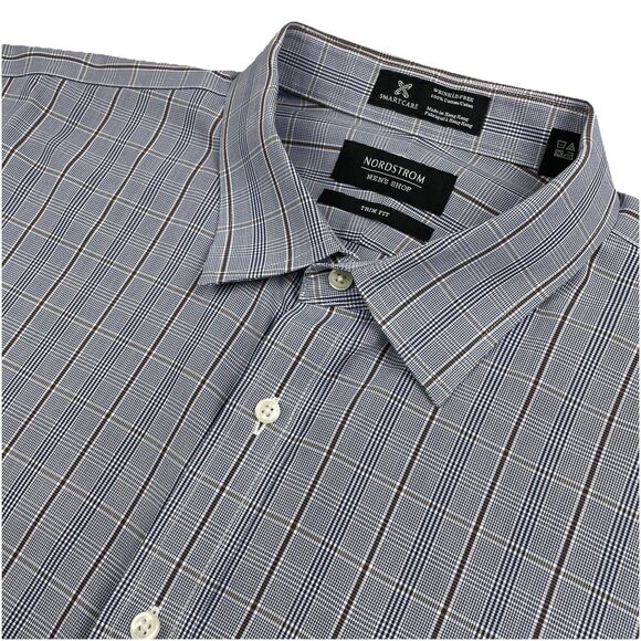 Nordstroms Mens Windowpane Button Up Long Sleeve Dress Shirt Trim Fit Blue-17.5 - Picture 4 of 12